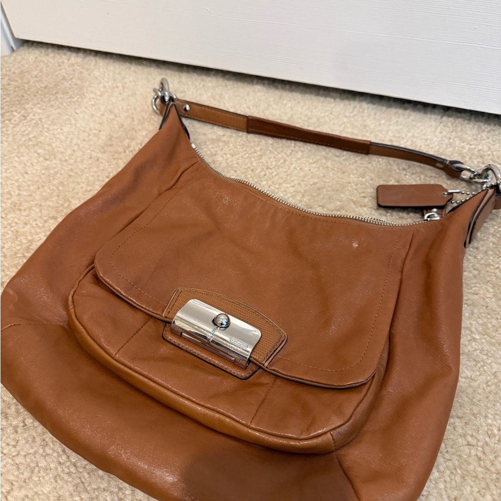 Coach Brown Leather Shoulder Bag with Silver Accents